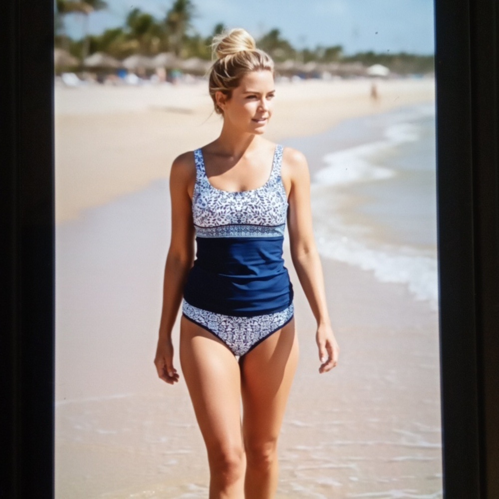 Lands' End Square Neck 2 Piece Swimsuit Tankini Bottoms Deep Sea   Womens Size 4